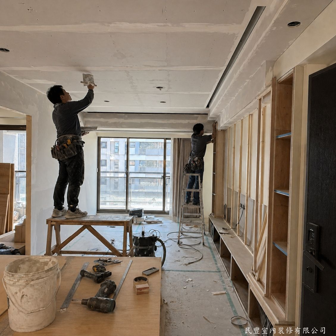 民豐室內裝修-林先生中山路綜合木工工程-電視牆木作飾板施工