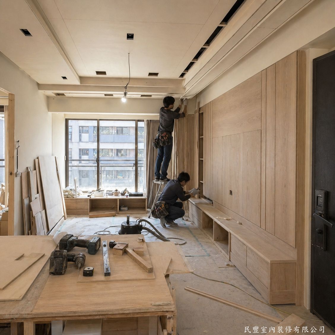 民豐室內裝修-林先生中山路綜合木工工程-電視牆與牆面收納木作完成現場