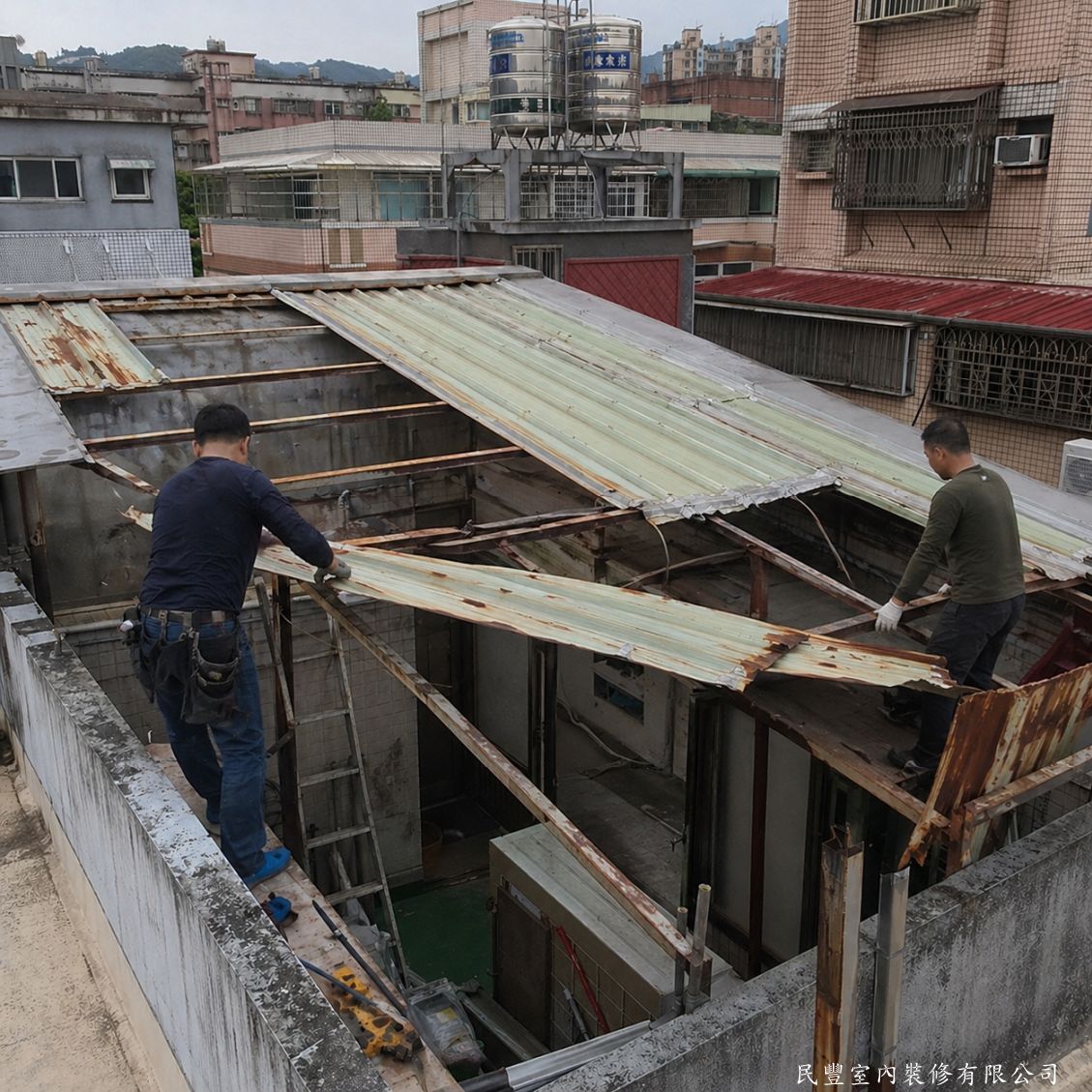 民豐室內裝修-屋頂鐵板更換-拆除老舊鐵板施工中