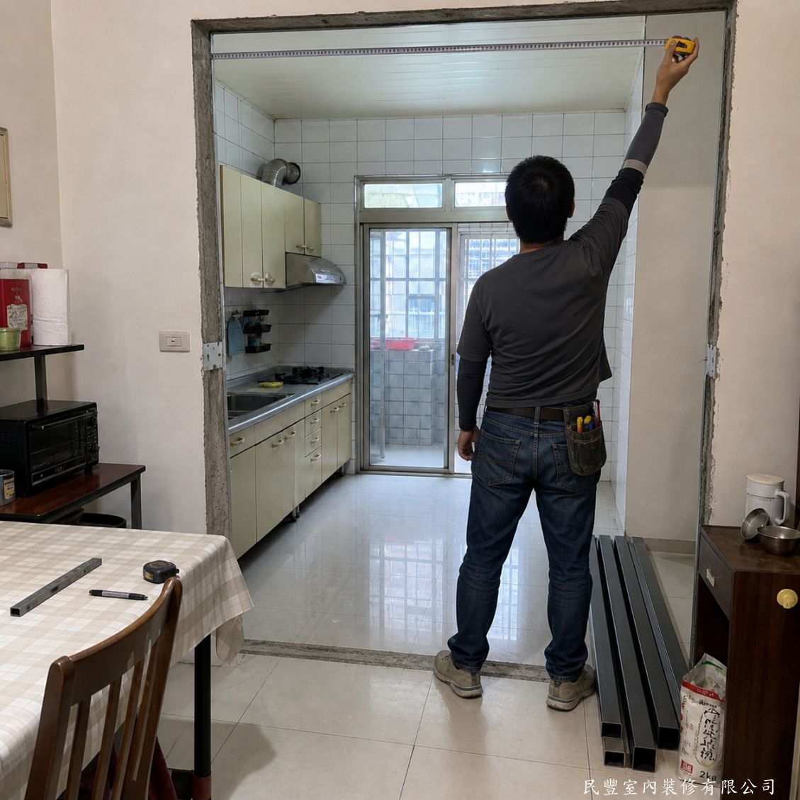 民豐室內裝修-黃先生永和區黑框拉門-拆除舊門現場丈量