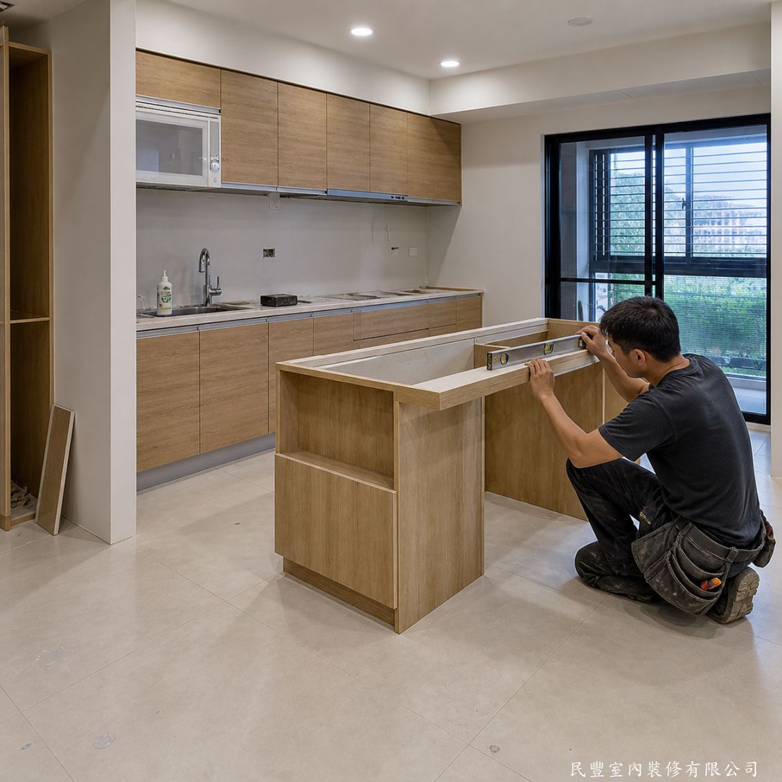 民豐室內裝修-陳先生內湖區廚房中島餐桌-木作中島櫃體安裝校正