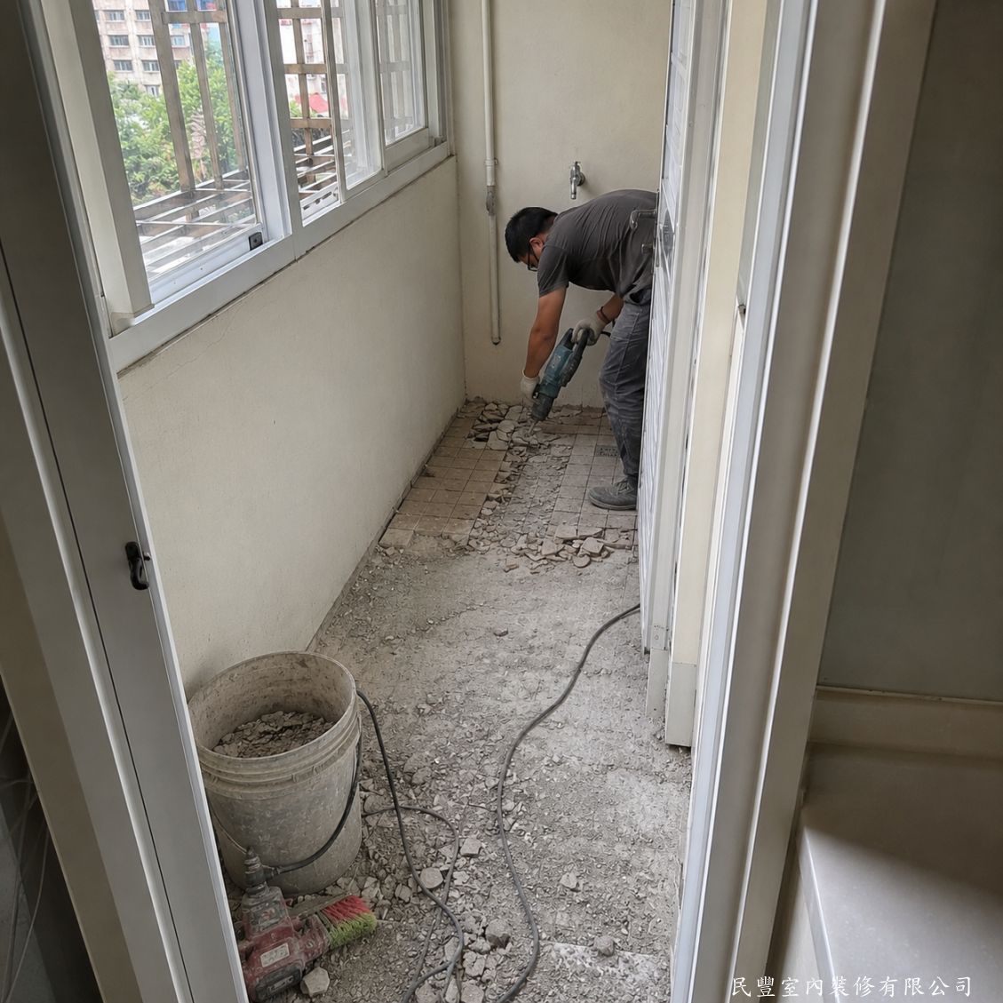 民豐室內裝修-陽台地磚翻新-舊磚拆除施工中
