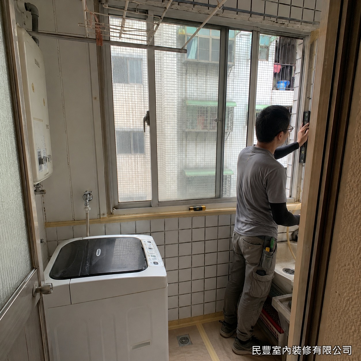 民豐室內裝修-氣密窗-將新鋁窗框置入窗洞，以水平儀校正水平垂直基準，確認窗框四邊平整無歪斜後以固定片定位，準備鎖合固定