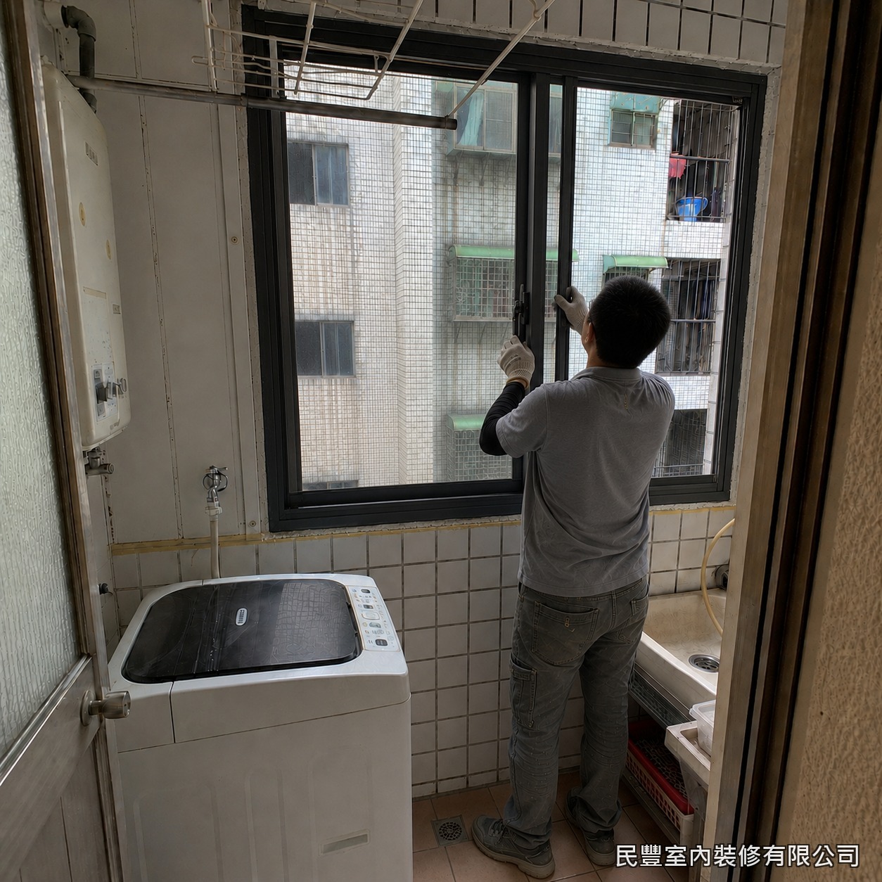 民豐室內裝修-氣密窗-針對閒置冷氣孔以紅磚與水泥砂漿分層填補封實，確保封補處與原牆面結構緊密結合，杜絕漏水與蟲害縫隙