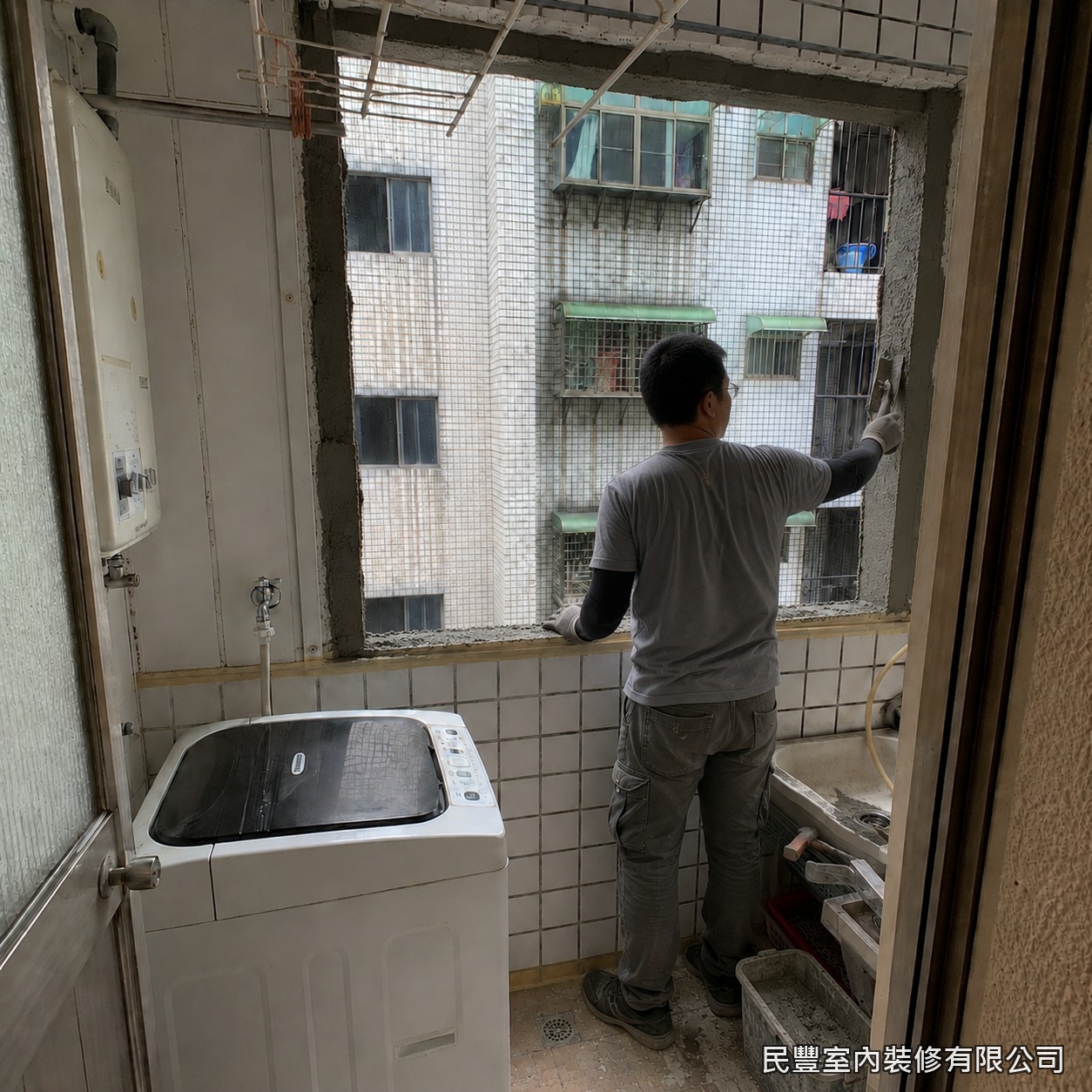民豐室內裝修-氣密窗-拆除原有老舊窗框，並確認牆面閒置冷氣孔位置與周邊結構狀況，清理鬆動水泥與雜物，規劃封補與新窗安裝範圍