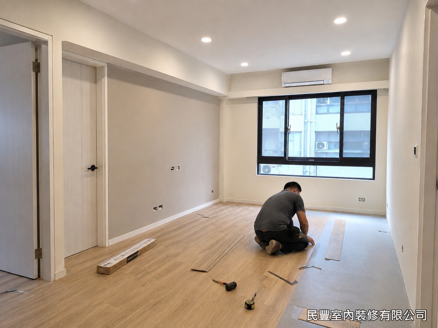 民豐室內裝修-全室翻新整合施工-師傅跪地精準鋪設木地板，以水平儀確認地面平整，每片地板緊密嵌合，收邊踢腳板工整，木紋質感細膩，搭配整體翻新後的空間風格，大幅提升居家溫暖感受