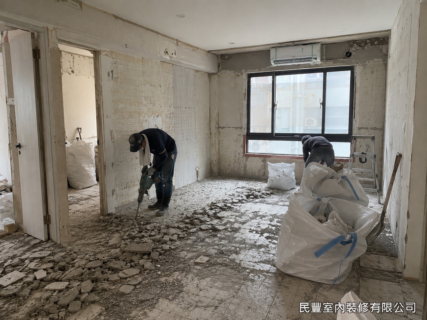 民豐室內裝修-全室翻新整合施工-兩名師傅協力使用電動鑿除機全面打除舊磁磚，地面碎磚裝袋有序清運，打除後地面平整清潔，為後續新地板鋪設及重新粉光打底做好充分準備