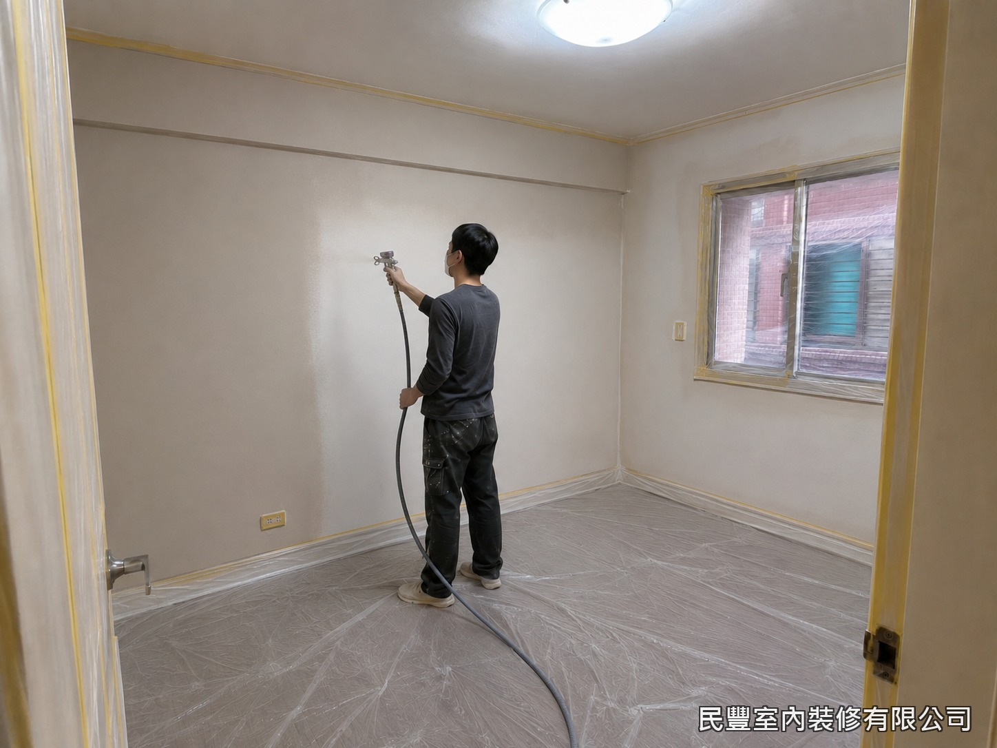 民豐室內裝修-全室牆面刷漆-面漆採噴塗工法施作,漆膜均勻細緻無滾筒痕,呈現平滑高質感漆面。師傅控制噴槍距離與走速,分層薄噴兩道,色澤飽和一致
