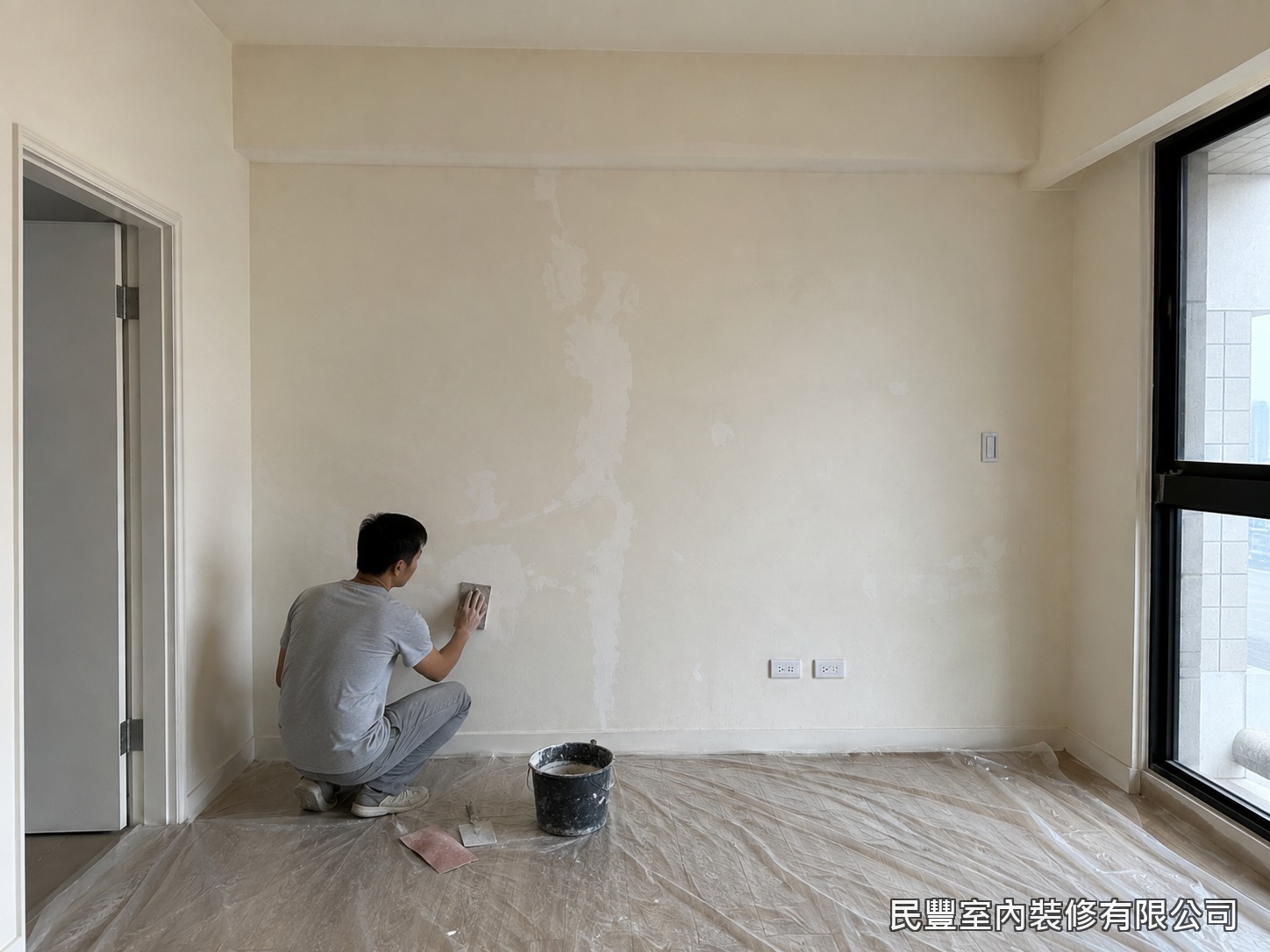 民豐室內裝修-藝術牆畫-地坪滿鋪保護,牆面先行批土研磨整平並上底漆,良好基底是藝術塗料顯色均勻的關鍵