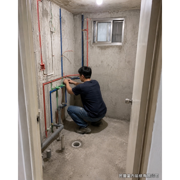 民豐室內裝修-衛浴廚房雙翻新-重新配置冷熱水管（紅藍）與電線管路（綠），給水、排水與電源位置依新規劃精準定位