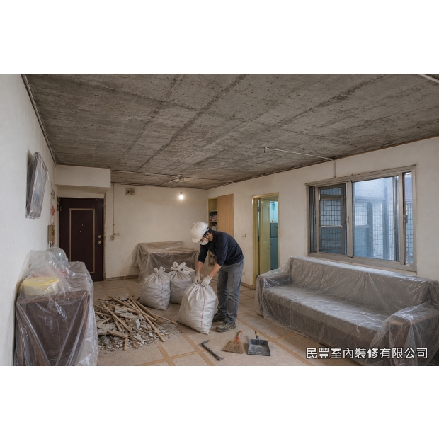 民豐室內裝修-天花板-將舊天花面材與骨架完整拆除至RC樓板結構面，露出原有管線；地面與家具鋪設養生保護材，廢料袋裝集中並清運