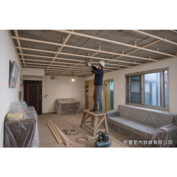 民豐室內裝修-天花板-以雷射水平儀定標高並彈墨線，集成角材吊筋與主副骨架依線固定，格柵間距約30至40公分，逐一校正水平