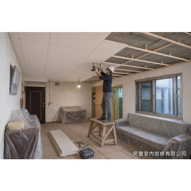民豐室內裝修-天花板-選用6mm矽酸鈣板，以螺絲固定於角材骨架，板縫預留待批土處理，封板面平整、螺絲孔規律排列