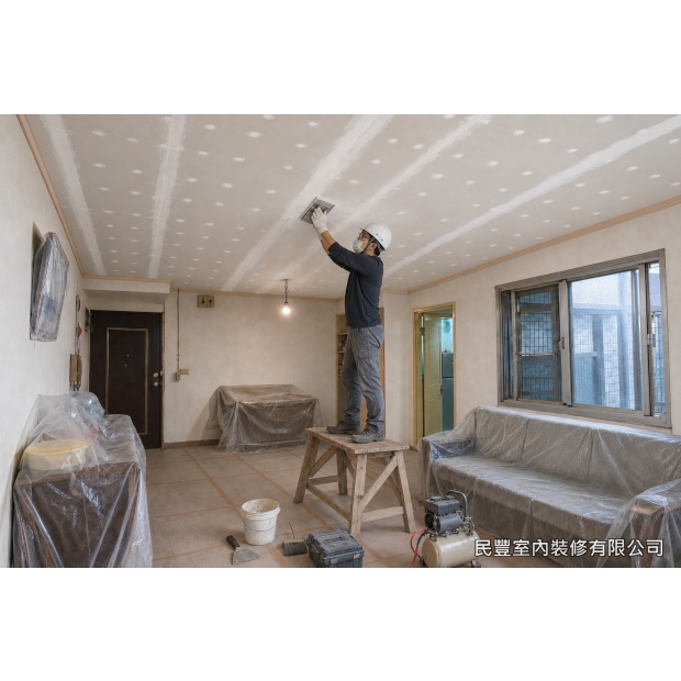 民豐室內裝修-天花板-板縫以AB膠與批土填補，乾燥後全面打磨平整，完成木作收尾，後續交由油漆工程塗裝