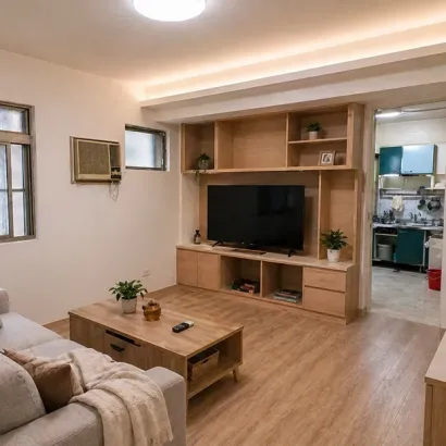 客廳水電木作油漆地板暨廚浴翻新-完工實景，浴室翻新完工！灰色系磁磚清爽雅緻，更換全新面盆、馬桶及配件，整體空間潔淨舒適，業主非常滿意 拷貝.webp